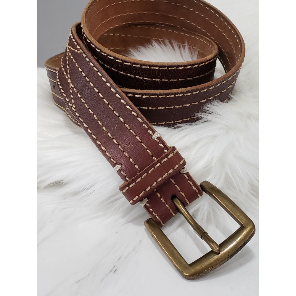 Lucky Brand Leather Stitched Belt 40 Men's 2.5" Wide Brown‎ Thick Brass Buckle
